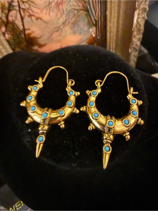 Jewelry - Gold-Tone Turquoise Accent Crescent Hoop Earrings - Women Jewelry